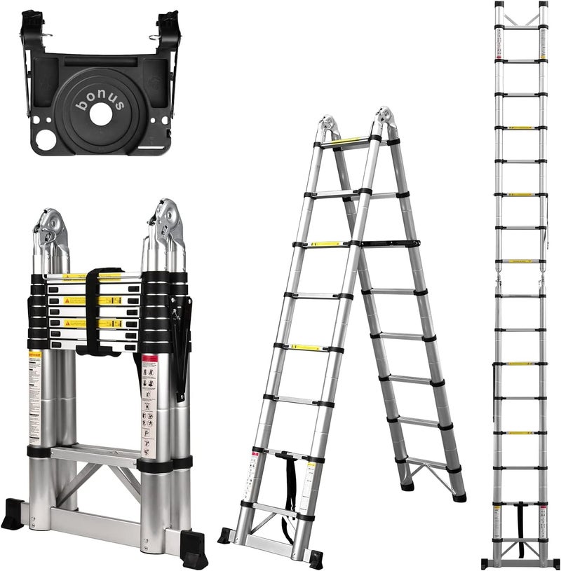 Soctone Telescoping Ladder A Frame, 16.5 Ft Compact Aluminum Extension Ladder, Portable Telescopic RV Ladder for Outdoor Camper Trips Motorhome with Tool Platform and Stabilizer Bar, 330 lb Capacity - Image 1